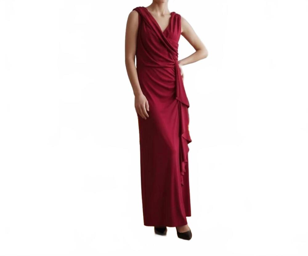 NEW DONNA KARAN women's draped ruffle maxi dress in red